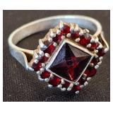 Sterling Silver Ring with Red Gemstones, Size 5