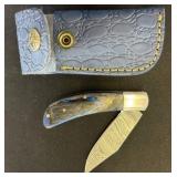 Damascus Steel Folding Knife with Leather Sheath
