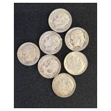 Seven U.S. Roosevelt Dimes, 90% Silver, 1946-1964