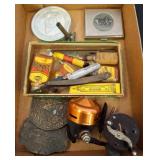 Box Lot With Beer Plaques, Razor, and Fishing Reel