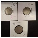 Three Barber Dimes, 1891, 1900, 1907