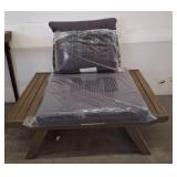 Wood Slatted Chair With Gray Cushions