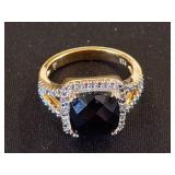 Gold-Tone 925 Ring with Black Stone and Accents