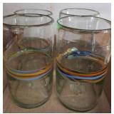 4 Clear Glass Tumblers with Colored Bands