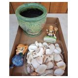 Ceramic Pot, Figurines, Shells, and Miniature Mugs