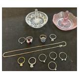 Jewelry Lot with Rings, Necklace & Glass Holders