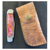 Pocket Knife With Pink Handle And Leather Sheath