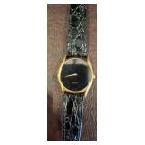 Gold-Tone Quartz Watch with Black Leather Band