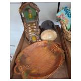 Wood Tray, Ceramic Jar, and Rustic Birdhouse