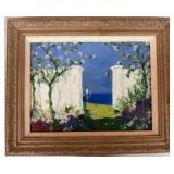 Framed Oil Painting of Garden and Sea View