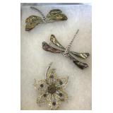 Rhinestone Brooch and Two Dragonfly Pins