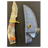 Damascus Blade Knife With Horn Grip and Sheath