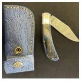 Damascus Steel Folding Knife with Leather Sheath