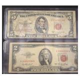 Red Seal $5 and $2 US Notes in Sleeves