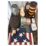 Box Lot with Flag, Mugs, Rabbit, and Accessories