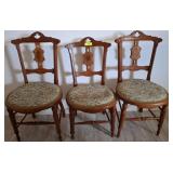 Three Carved Wood Side Chairs with Upholstery