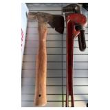 Rustic Wood Axe and Heavy-Duty Pipe Wrench