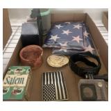 Items Including Flag, Speaker, and Coins