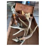 Wooden Cigar Box, Antlers & Decorative Candleholde