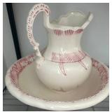 Ceramic Pitcher and Basin with Red Accents