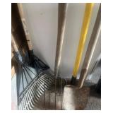 Garden Tools Including Rakes and Shovel