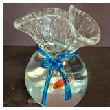 Glass Bag Vase With Fish Motif and Blue Bow