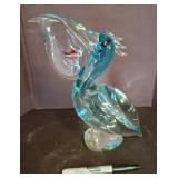 Blown Glass Pelican Sculpture With Red Fish Detail