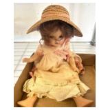 Composition Doll With Straw Hat and Lace Dress