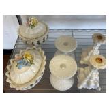 White Ceramic Dishes and Candlesticks With Floral