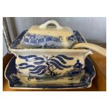 Blue and White Ceramic Lidded Gravy Boat Set