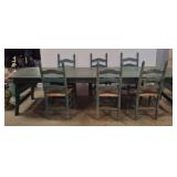 Rustic Green Dining Table with 6 Ladder-Back Chair