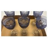 6 Pressed Blue Glass Stemmed Goblets
