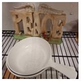 Ceramic 'Peace' Sculpture and Corning Ware Pans
