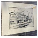 Black-and-White Print of Vintage Motel Scene and a