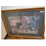 Framed Print of Cottage Scene with Gold-Tone Frame