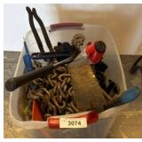 Plastic Bin With Assorted Tools and Chain