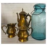 Brass Tea Set and Blue Ball Ideal Jar