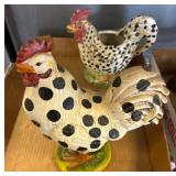 Two Ceramic Chicken Figurines With Polka Dot Motif
