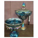 Iridescent Glass Compote and Covered Candy Dish