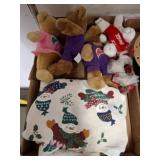 Box Lot of Plush Toys and Snowman fabric