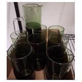 Green Glass Pitcher with Drinking Glasses