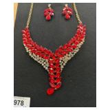 Gold-Tone Necklace & Earrings with Red Rhinestones