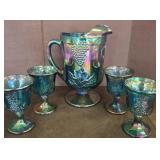 Iridescent Glass Pitcher and 4 Goblets Set
