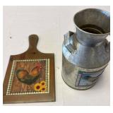 Decorative Tin Milk Can and Wooden Rooster Plaque