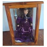 Porcelain Doll in Wood and Glass Display Case