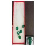 Silver Green Stone Necklace and Ring Set