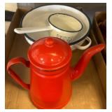 Enamelware Lot: Red Coffee Pot and Blue/White Bowl