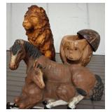Carved Lion, Monkey Container, and Horse Figurines