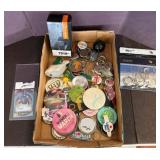 Box Lot: Buttons, Keychains, Coins, Card, Tool