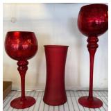 Red Glass Candle Holders and Vase Set
